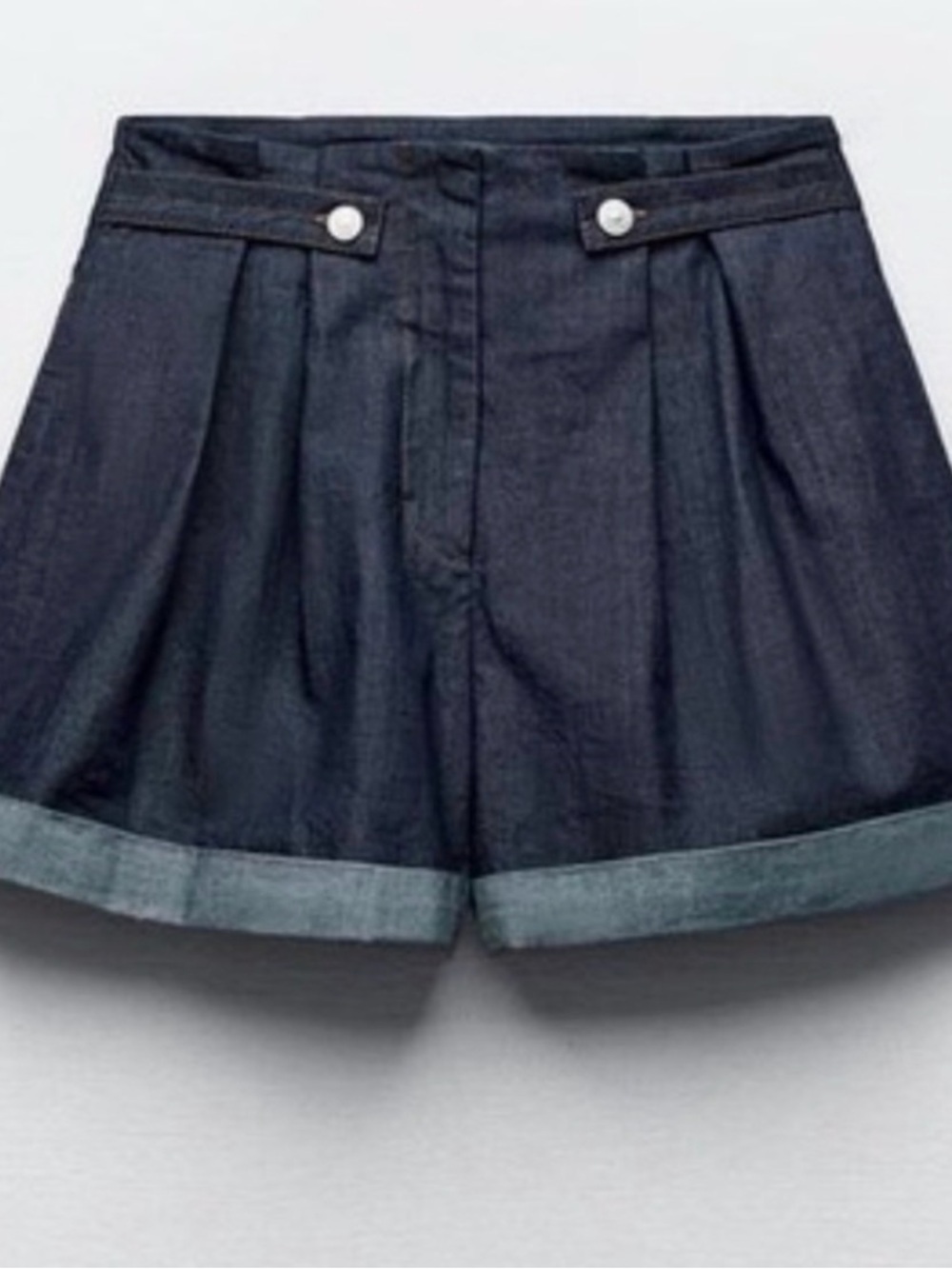 Zara Dark Indigo High-Waist Pleated Cuffed Shorts